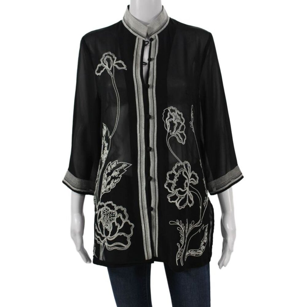 Roberta Di Camerino Women Tunic Blouse Black Floral 3/4 Sleeve Collared Size 40